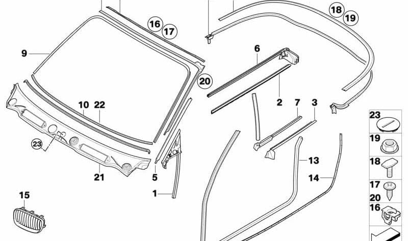 Sellado de canal trasero interior derecho para BMW E88 (OEM 51377164988). Original BMW.