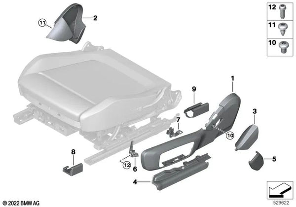 Cubierta de asiento izquierda interior para BMW G20, G21, G28, G80, G81, G26, G16, F97, G01, G08, F98, G02 (OEM 52109108107). Original BMW