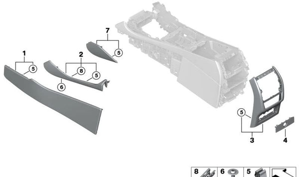 Decoración Consola Central Cuero Derecho para BMW G05 (OEM 51166996428). Original BMW