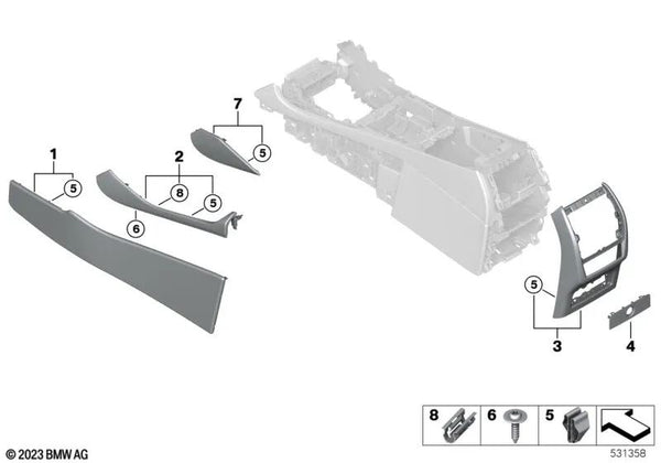 Revestimiento de la consola central delantera derecha para BMW F95, G05, F96, G06, G07, G09 (OEM 51169399920). Original BMW