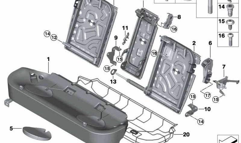 Componente de soporte asiento trasero para BMW X5 F15, F85 (OEM 52207315122). Original BMW