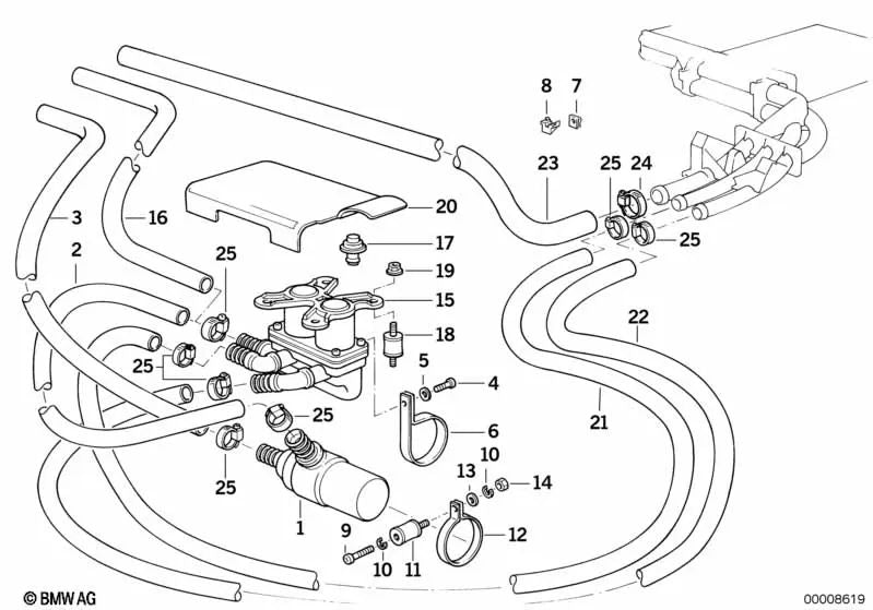 Tubo de retorno del motor del radiador para BMW Serie 5 E34 (OEM 11531720524). Original BMW.