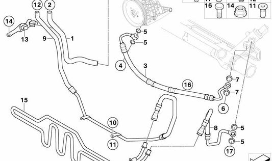 Tubo de expansión de dirección asistida OEM 32416779315 para BMW E81, E87, E88, E90, E91, E92, E93. Original BMW.