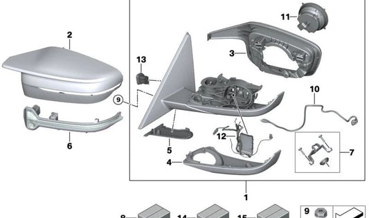 Kit de reparación de espejo exterior para BMW Serie 2 G42, G87, Serie 3 G20, G21, G28, G80, G81, Serie 4 G22, G23, G26, G82, G83 (OEM 51168496665). Original BMW