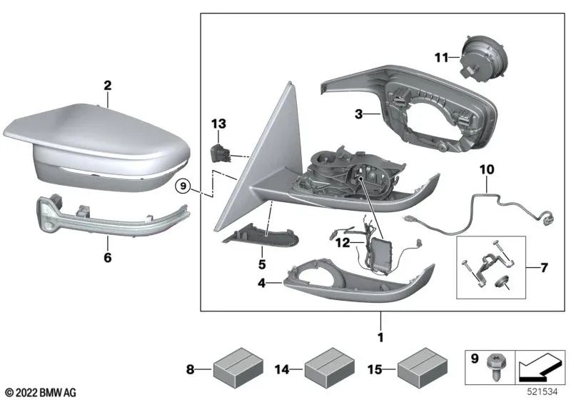 Espejo exterior calefactado con memoria izquierdo para BMW Serie 3 G20N, G21N, G80, G81 (OEM 51168084321). Original BMW