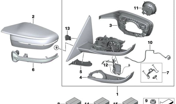 Espejo exterior calefactado con memoria izquierdo para BMW Serie 3 G20N, G21N, G80, G81, Serie 4 G23N (OEM 51168084329). Original BMW