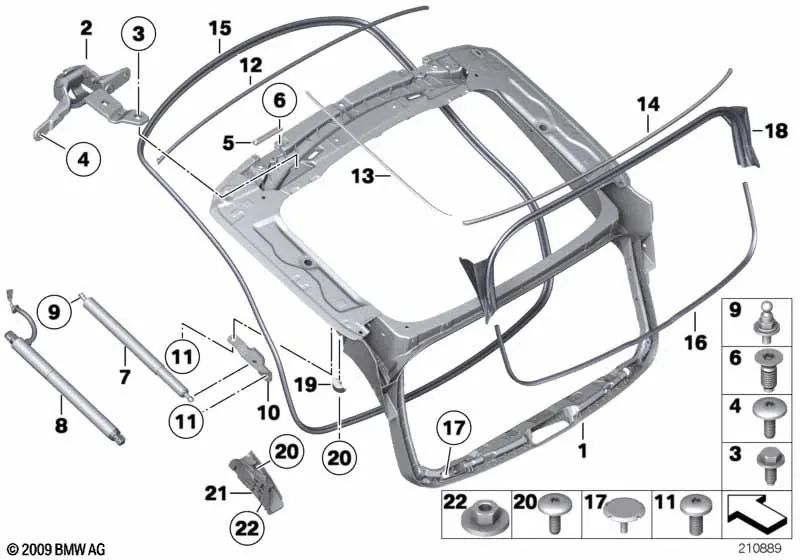 Rear left tailgate hinge for BMW F07, F07N (OEM 41007233587). Original BMW.