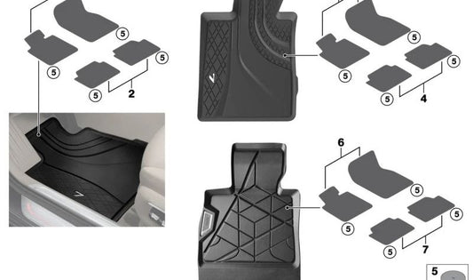 Alfombrillas de goma originales BMW para todas las condiciones climáticas (delanteras, volante a la derecha) OEM 51475A56C38 para BMW G70. Original BMW.