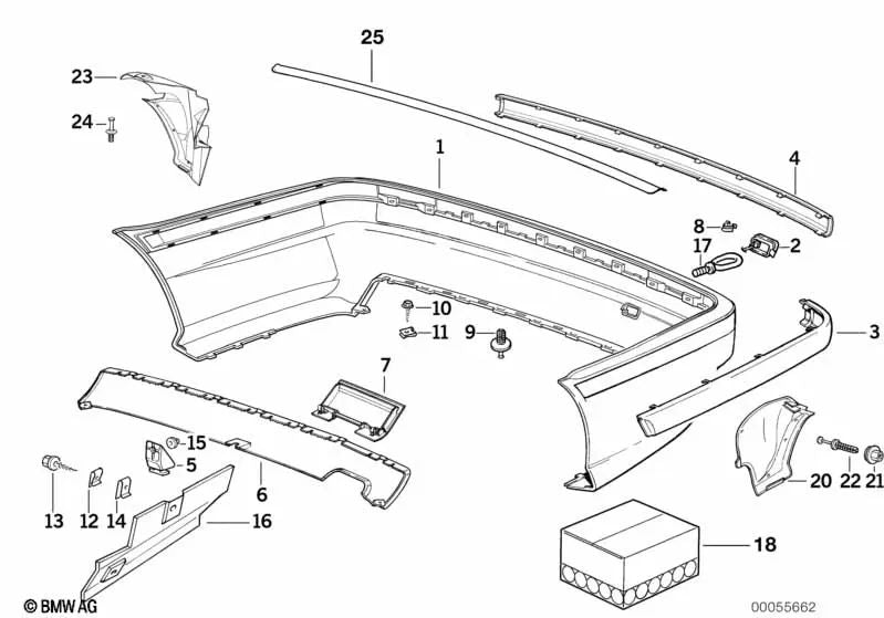 Revestimiento del parachoques trasero para BMW E36 (OEM 51128135363). Original BMW.