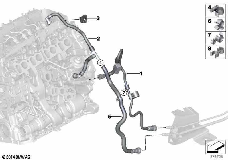 Tubería de retorno de combustible para BMW Serie 1 F20N, F21N Serie 2 F22, F23 Serie 3 F30N, F31N, F34N Serie 4 F32, F33, F36 X5 F15 (OEM 13538514103). Original BMW.