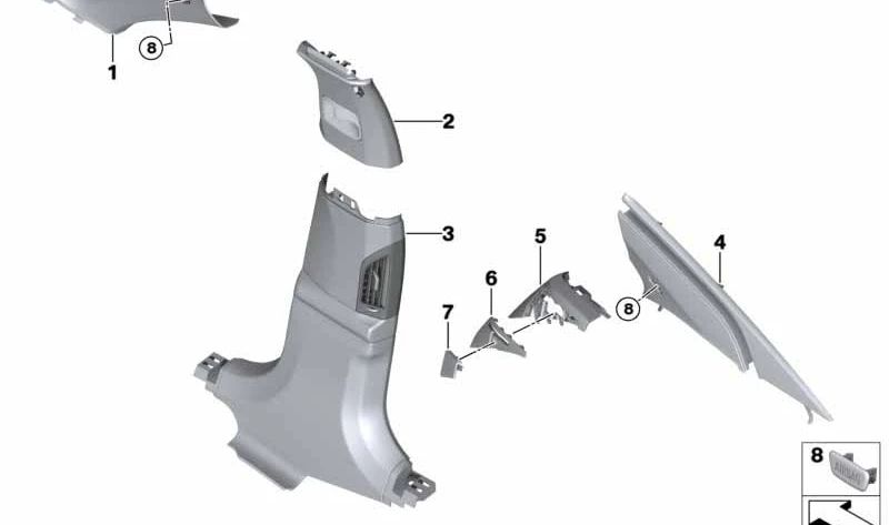 Moldura inferior del pilar B en cuero izquierda OEM 51437989943 para BMW G11, G12. Original BMW.