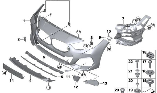 Guia de suporte do para-choque superior dianteiro direito OEM 51117474598 para BMW F44. BMW originais.