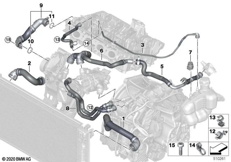 Manguera del Depósito de Expansión-Culata para BMW Serie 1 F40, F52, Serie 2 F44, F45N, F46, F46N, X1 F48, F48N, F49N, X2 F39, MINI F54, F54N, F55, F55N, F56, F56N, F57, F57N, F60, F60N (OEM 17128658484). Original BMW