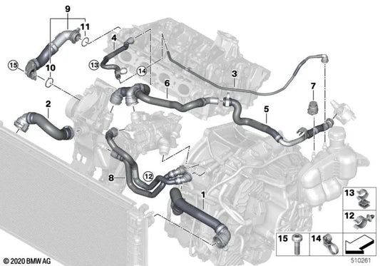 Manguera del Depósito de Expansión-Culata para BMW Serie 1 F40, F52, Serie 2 F44, F45N, F46, F46N, X1 F48, F48N, F49N, X2 F39, MINI F54, F54N, F55, F55N, F56, F56N, F57, F57N, F60, F60N (OEM 17128658484). Original BMW