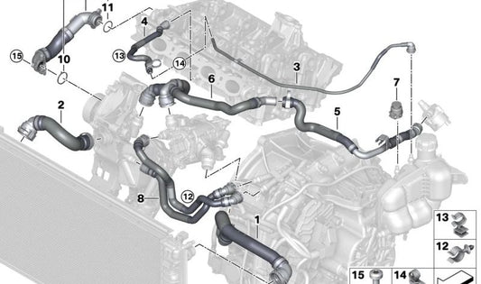 Manguera de radiador a motor OEM 17128658480 para BMW F40, F52, F44, F45, F46, F48, F49, F39. Original BMW