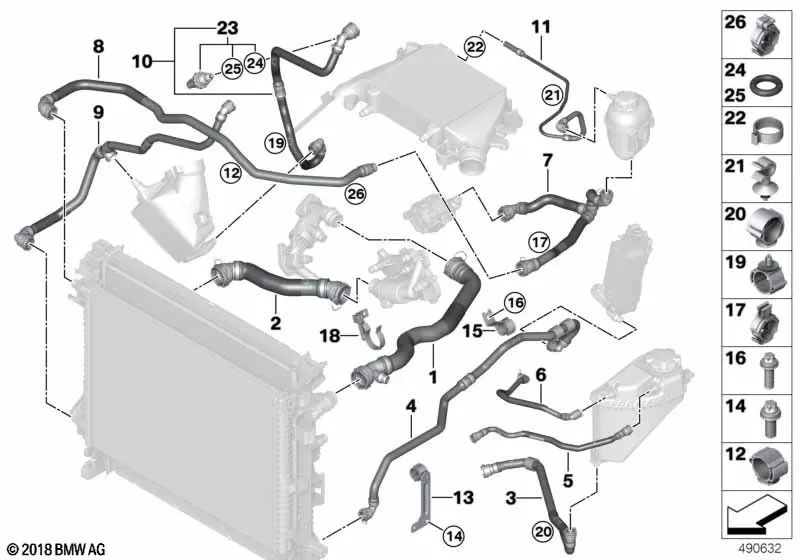 Tambuco di radiatore refrigerante per BMW X5 G05, X6 G06, X7 G07 (OEM 17128582013). BMW originale