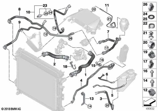 Manguera del Radiador de Refrigerante para BMW X5 G05, X6 G06, X7 G07 (OEM 17128582013). Original BMW