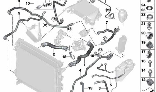 Manguera Radiador de Refrigerante para BMW G05, G06, G07 (OEM 17128582011). Original BMW