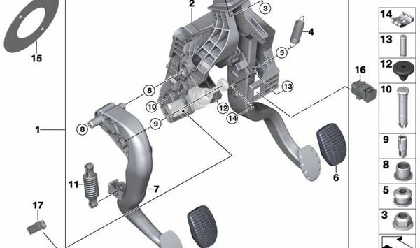 Pedal de freno completo OEM 35006870848 para BMW {Serie 2 Active Tourer (F45), Serie 2 Gran Tourer (F46), X1 (F48), X2 (F39)}. Original BMW.