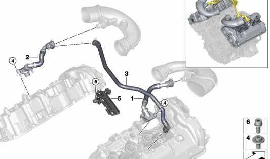 Tubo de ventilación del cárter OEM 11159454593 para BMW G30, G31, G11, G12, G14, G15, G16. Original BMW.