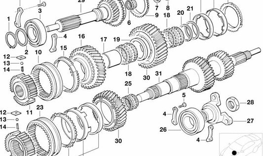 Kit de Reparación Par de Engranajes 1ª y 2ª Marcha para BMW Serie 3 E36, Serie 5 E34, Serie 7 E32, E38 (OEM 23211224934). Original BMW