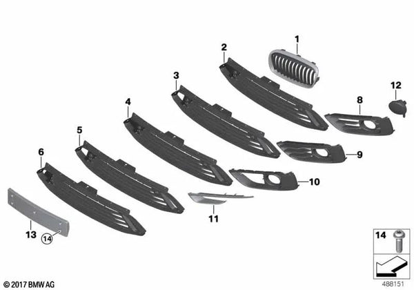 Rejilla del parachoques central parcialmente abierta para BMW Serie 2 F45 (OEM 51117391589). Original BMW.