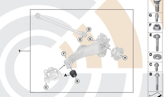 Kit de reparo Silentblock OEM longitudinal OEM 33328854056 para BMW F40, F52, F44, F46, F48, F49, F39, F54, F60. BMW original.