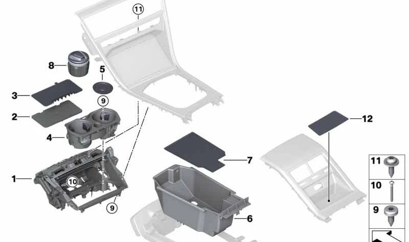 Compartimento de almacenamiento de la consola central para BMW F91, F92, F93, G14, G15, G16 (OEM 51169396502). Original BMW.