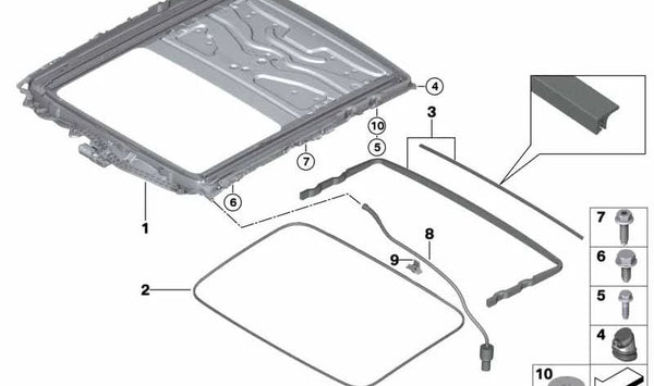Marco de techo corredizo para BMW Serie 7 F01, F02, F04, G11, G12, X6 F16, F86 (OEM 54107382981). Original BMW.