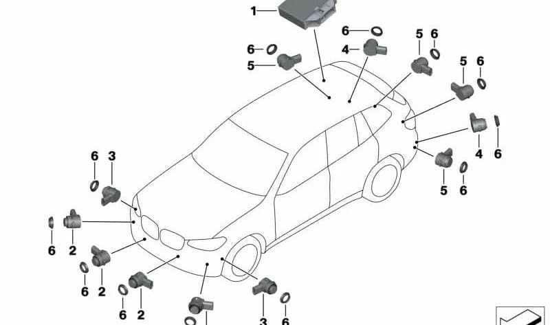 Capteur de stationnement PDC ultrasonique OEM 66209311261 pour BMW F52, F45, F46, F90, G30, G31, G38, G32, G11, G12, F48, F49, F39, F25, G01, G08, F97, F26, G02, F98, F15, F15, F15, F85, F16, F86, I3 (I01). Capparis Weiss Color. BMW d'origine.