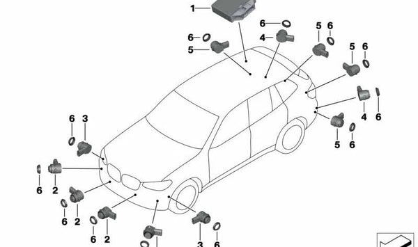 Sensor de aparcamiento PDC ultrasónico OEM 66209311261 para BMW F52, F45, F46, F90, G30, G31, G38, G32, G11, G12, F48, F49, F39, F25, G01, G08, F97, F26, G02, F98, F15, F85, F16, F86, i3 (I01). Color Capparis Weiss. Original BMW.