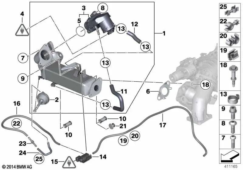 Enfriador de gases de escape para BMW F20, F21, F22, E90N, E91N, E92N, E93N, F30, F31, F34, F32, F33, F36, F10, F11, E84, F25 (OEM 11717810751). Original BMW.