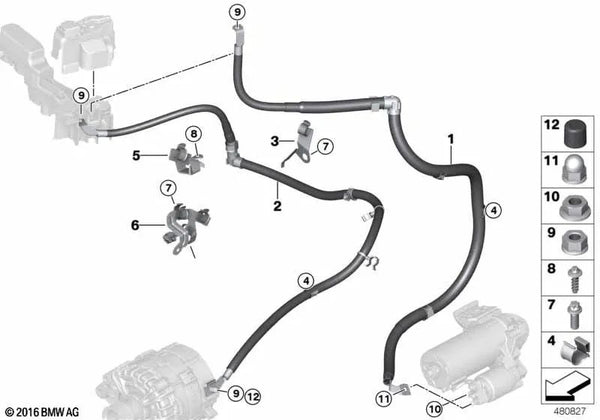 Cable Generador Punto de Apoyo B+ para BMW Serie 5 G30, G30N, G31, G31N, Serie 6 G32, G32N (OEM 12428580053). Original BMW.