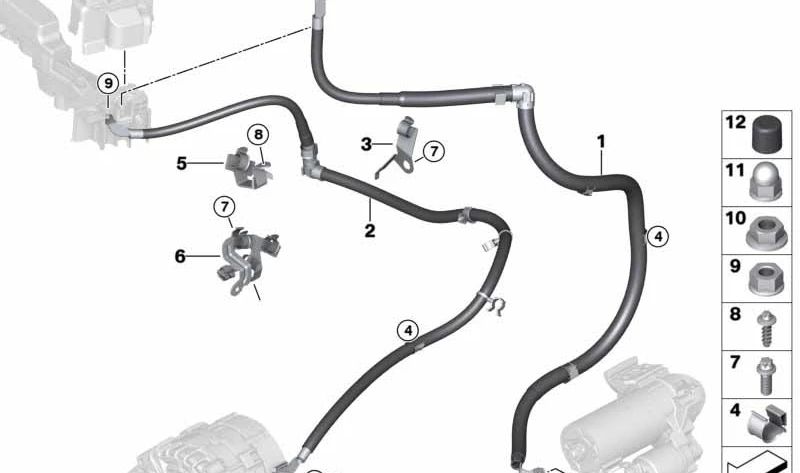 Starter motor support cable for BMW 5 Series G30, G31, 7 Series G11, G12 (OEM 12428574359). Original BMW.