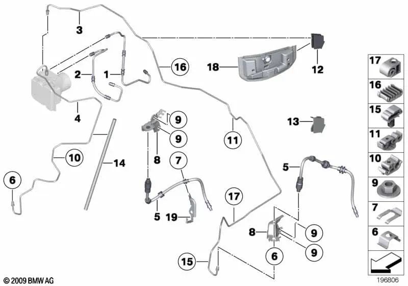 Soporte del tubo de freno derecho para BMW E84 (OEM 34306790090). Original BMW