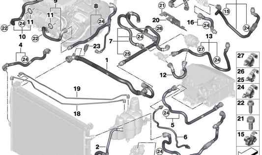 OEM -Expansionsablagerungsrohr 17128478460 für BMW (kompatible Modelle: F20, F21, F22, F23, F30, F31, F32, F33, F34, F36, G20, G21, G22, G23, E90, E91, E92, E93). Original BMW.