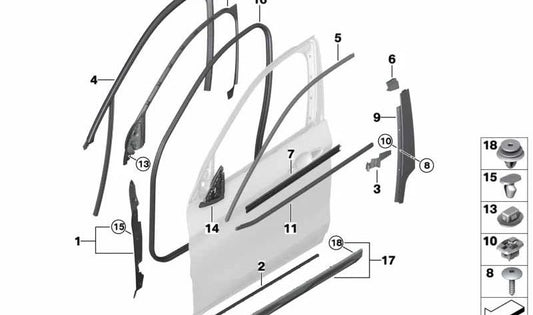 Sellado embellecedor del pilar B puerta delantera derecha OEM 51337433154 para BMW F39. Original BMW.