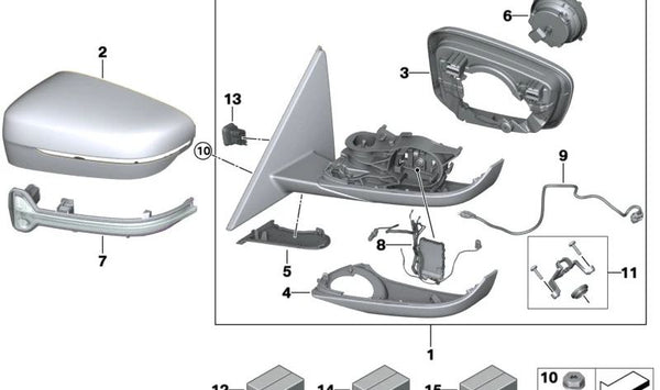 Espejo exterior calefactado derecho para BMW G20, G20N, G21, G21N, G28N (OEM 51168498224). Original BMW