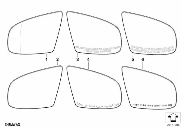 Cristal de espejo gran angular derecho para BMW X5 E70, E70N, X6 E71, E72 (OEM 51167200104). Original BMW