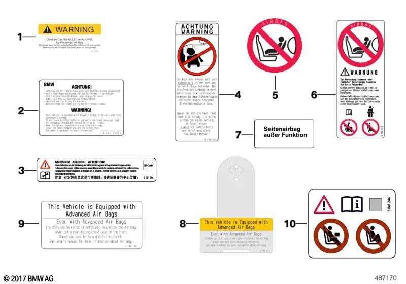 Cartel de Advertencia de Airbag para BMW E81, E82, E87, E88, F20, F21, E36, E46, E90, E91, E92, E93, E34, E39, E60, E61, F07, F10, F11, F12, F13, F01, F02, F04, E31, E84, E83, F25, E53, E70, E71, E72, E85, E86, E89, E52 (OEM 71212122334). Original BMW.