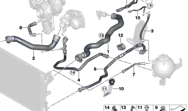 Tubo de refrigeración para bomba de agua del turbocompresor OEM 11538514063 para BMW F20, F21, F22, F23, F30, F31, F34, F32, F33, F36. Original BMW.