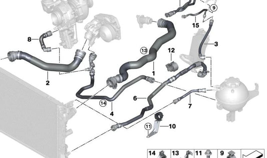 Tubo de resfriamento da bomba de água do turbocompressor OEM 11538514063 para BMW F20 F21 F22 F23 F30 F31 F34 F32 F33 F36 BMW originais.