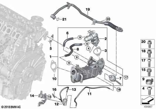 Tubería del Cárter del Cigüeñal para BMW F40, F44, F45N, F46N, F48, F48N, F39 Serie 1, Serie 2, X1, X2 (OEM 11538589047). Original BMW.