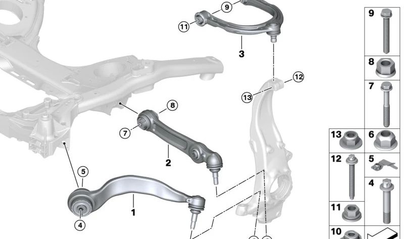 Suspensionsarme mit oberen Silentblock OEM 31106861185 für BMW G30, G31, G38, G32. Original BMW.