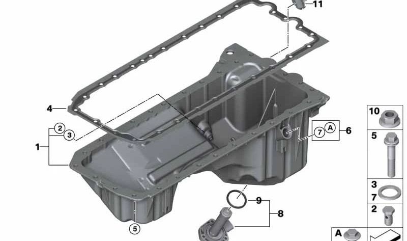 Cárter de aceite para BMW E81, E82, E87, E88, E90, E91, E92, E93, E60, E61, E63, E64, E65, E66, E85, E86, E89 (OEM 11137552414). Original BMW