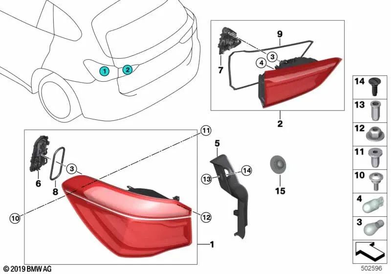 Piloto trasero lateral derecho para BMW F48 (OEM 63217488548). Original BMW.