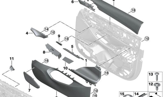 Links dekorative Form für Dashboard OEM 51415A51373 für BMW (Kompatible Modelle: 1 F20 -Serie, Serie 2 F22, Serie 3 F30, Serie 3 GT F34, 4 F32 -Serie, Serie 4 großer Coupé F36). Original BMW.