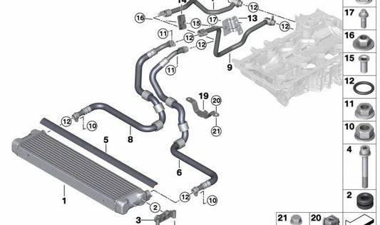 Soporte de tubería del radiador de aceite OEM 17228746328 para BMW F90, F91, F92, F93. Original BMW.