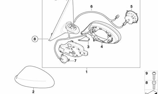 Outside mirror without heated glass right for BMW E90N, E91N (OEM 51167268262). Original BMW