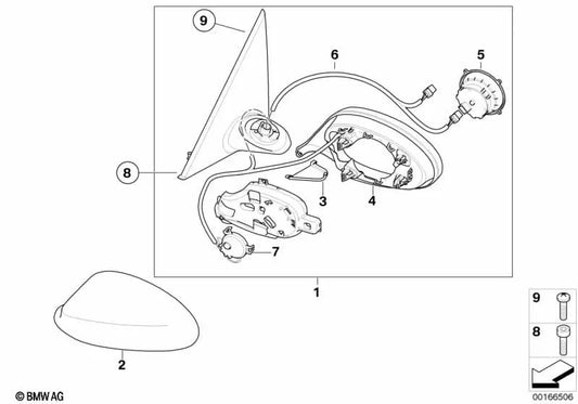 Heated exterior mirror with memory left for BMW E90, E91 (OEM 51167189957). Original BMW.